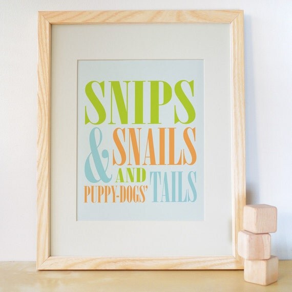 Kids Wall Art, Kids Art Print, Nursery Art Print for Baby Nursery Decor, Children Wall Art. 8x10 Snips and Snails Print - Green/Orange
