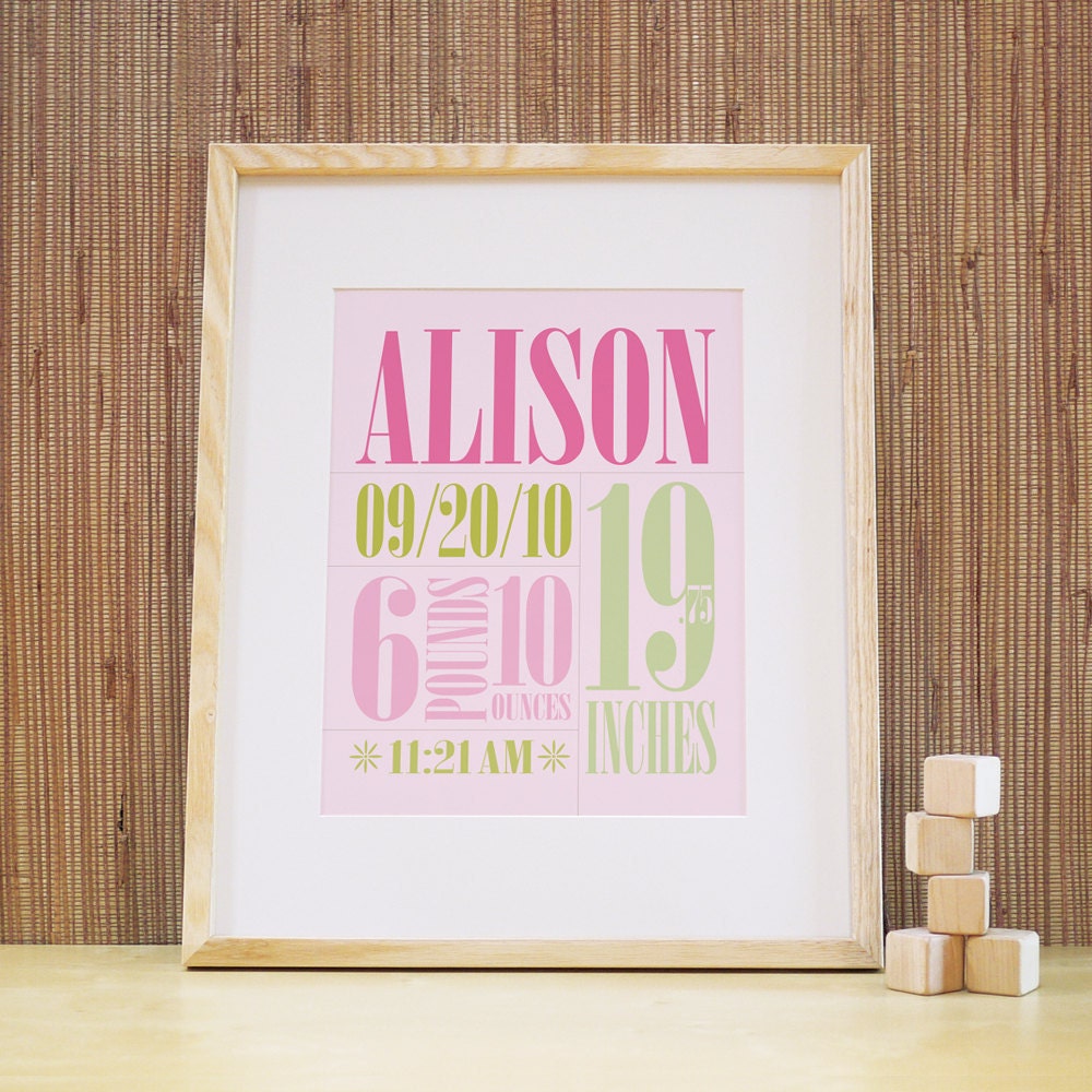 Personalized Baby Art, Kids Wall Art, Wall Decor for Baby Nursery. 11x14 Custom Birth Print - Green/Pink