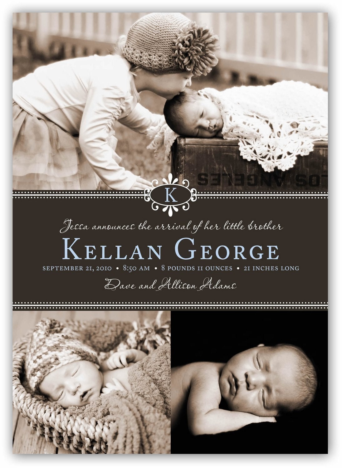 Baby Boy or Girl Customizable Emblem Initial Birth (4x6 or 5x7) Announcement Photo Card Design