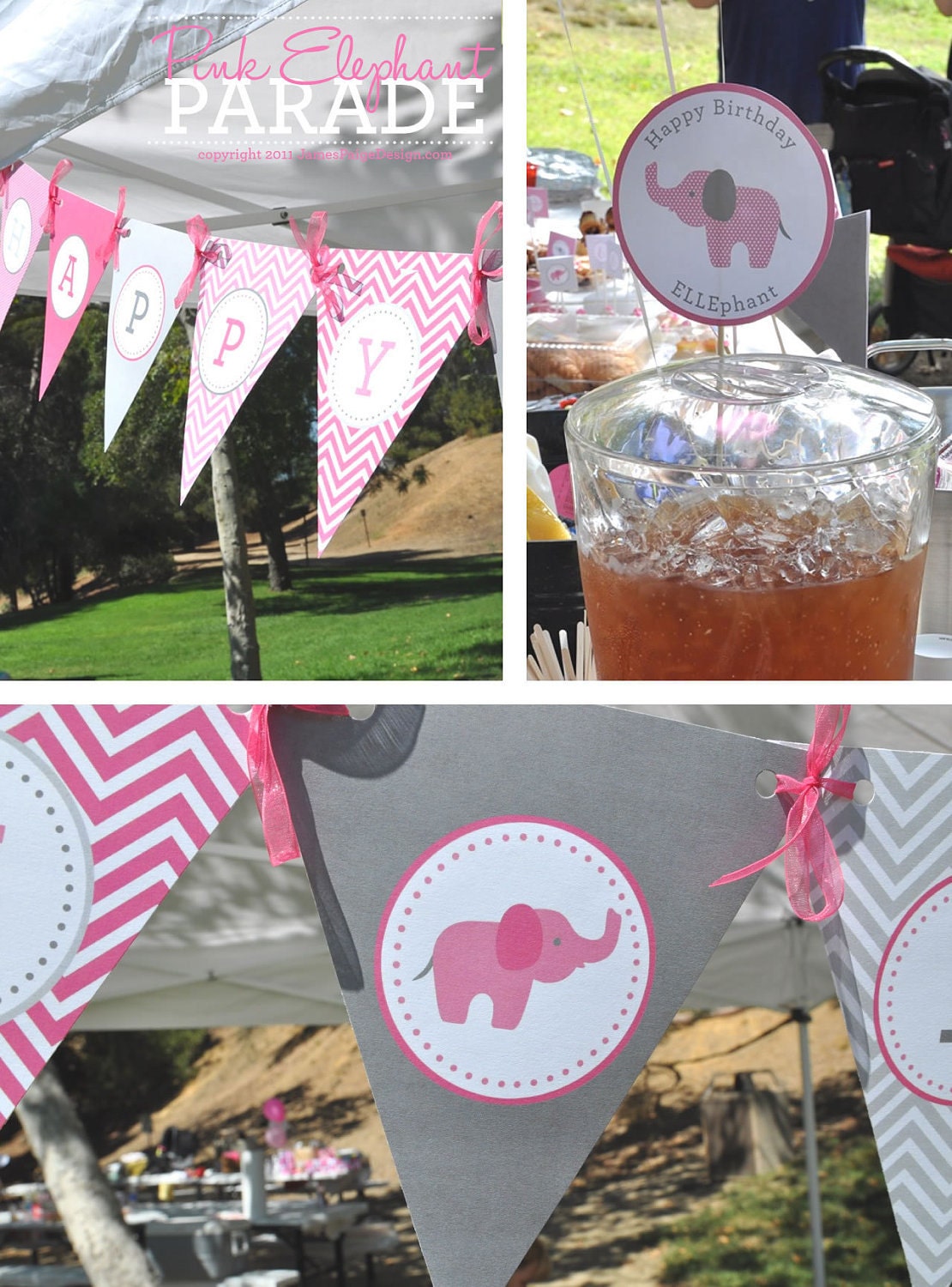 PINK ELEPHANT PARADE Party Printables Set  - Cupcake wrappers, hats, cupcake toppers and more.  Now Available with Yellow too