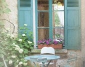French Country Photo - Blue Bistro Table, Chairs, Shutters, Cottage Window, Giverny, France, Home Decor - GeorgiannaLane