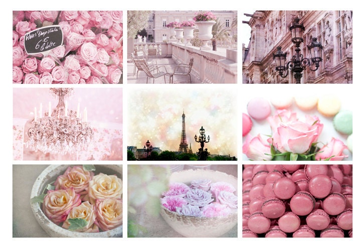 Paris Photography Postcards -  Eiffel Tower, Romantic Roses, Parisian Flower Market, Macarons, Pink Chandelier