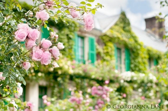 France Photo - Monet's House, Giverny, Roses, Maison, Teal Shutters, Romantic Floral Fine Art Travel Photograph