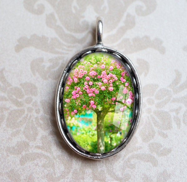 Rose Tree Photo Pendant - Monet's Garden Wearable Art - Floral Photograph in Antique Silver Jewelry Charm