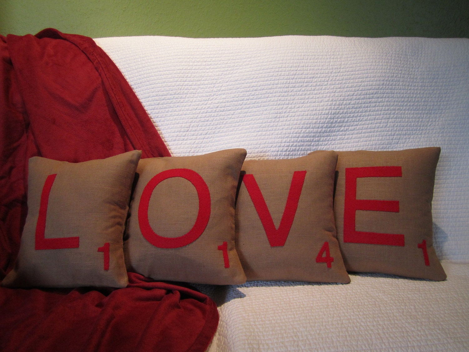 SALE 20perc Off LOVE Scrabble Pillows in Red