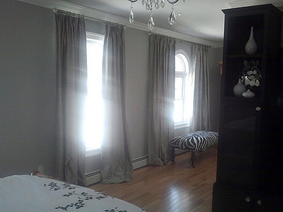 Pair of Designer  High End Custom Curtains Drapes Navy, Pink, and Beige on Light Aqua