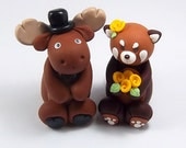 Custom Wedding Cake Topper, Moose and Red Panda Couple, Personalized Figurines, Made To Order