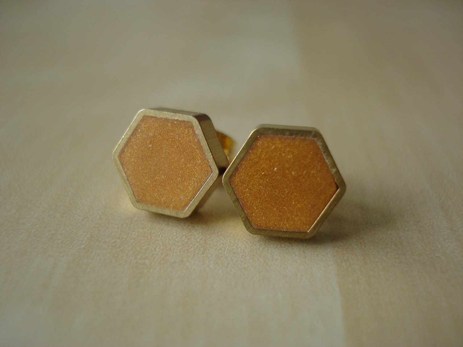 gold shimmer mini brass hexagon stud earrings