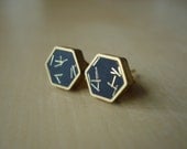 black with gold glitter sprinkles - mini brass hexagon stud earrings