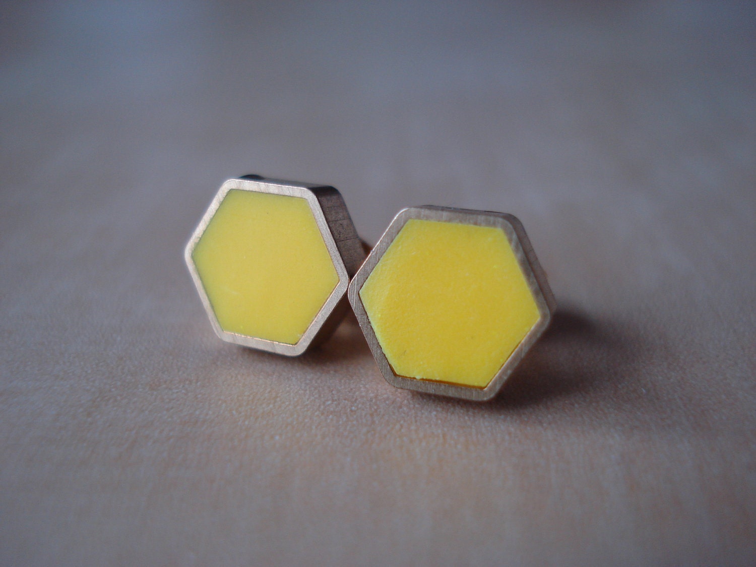 canary yellow mini brass hexagon stud earrings img