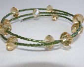 Emerald Fields Swarovsky Topaz Crystal and Emerald Bead Memory Wire Bracelet