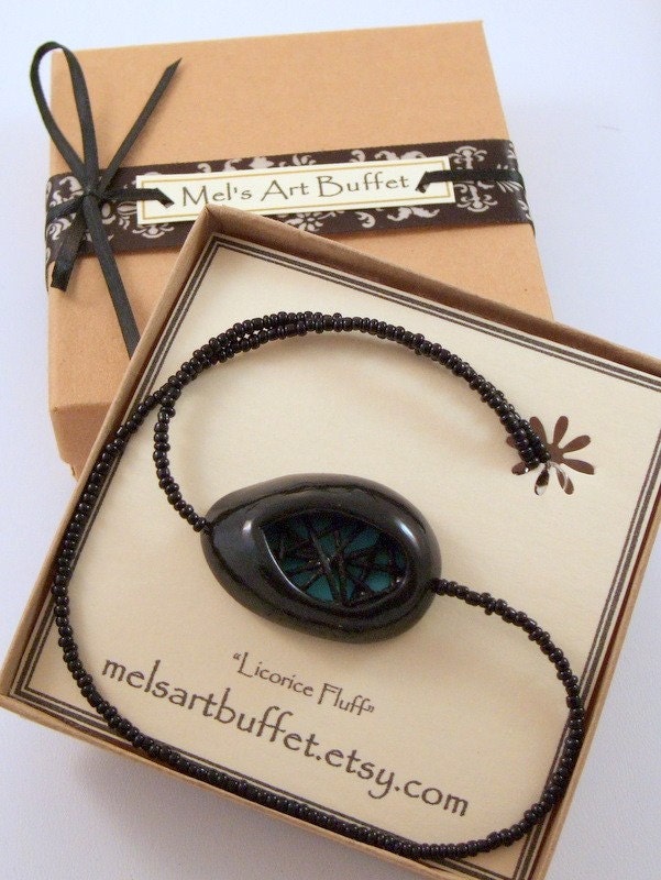 Beaded Necklace with Polymer Clay Pendant - Licorice Fluff