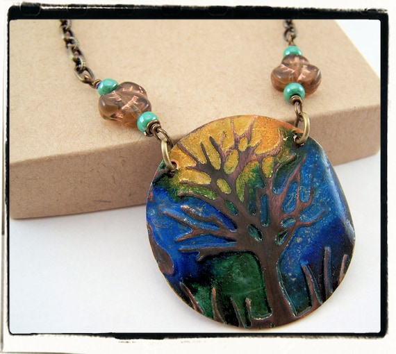 088 Summer Skies Hand Painted Blue Green Yellow Tree of Life Necklace with Chain