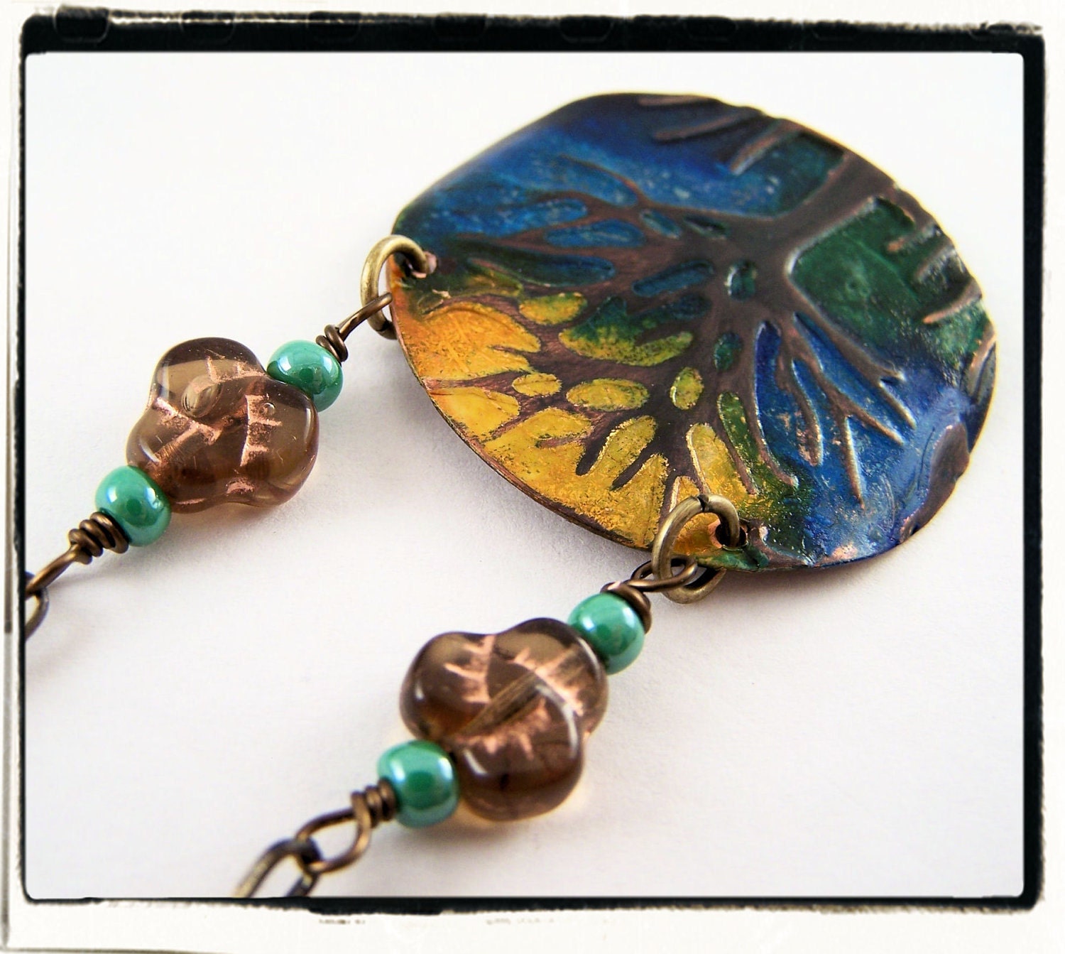 088 Summer Skies Hand Painted Blue Green Yellow Tree of Life Necklace with Chain