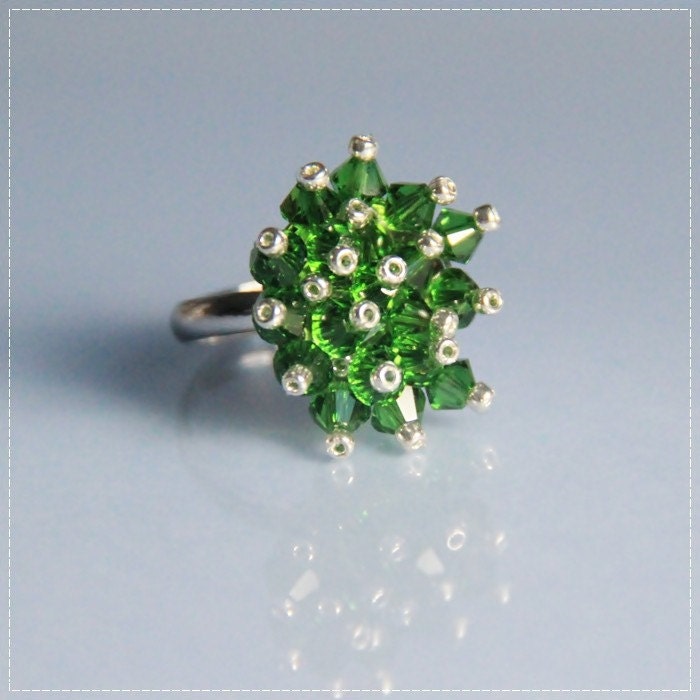Green Hanabi Ring - Swarovski Elements crystals and Japanese Seed Beads with SIlver Ring