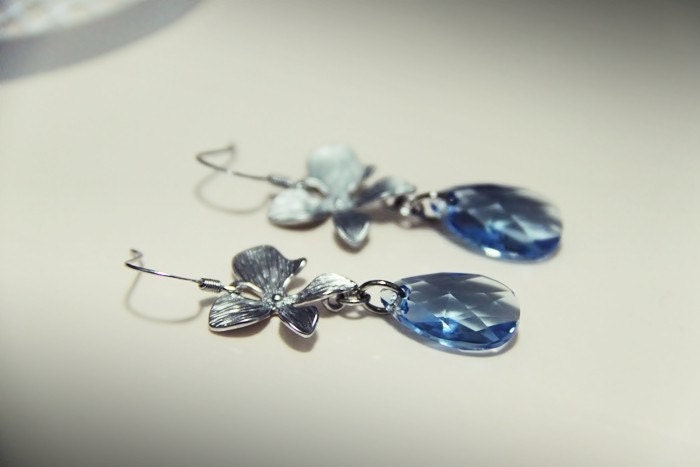 Blue Orchids - Silver Orchids and Swarovski Elements Crystals on 925 Silver Ear Wires . Aquamarine . March