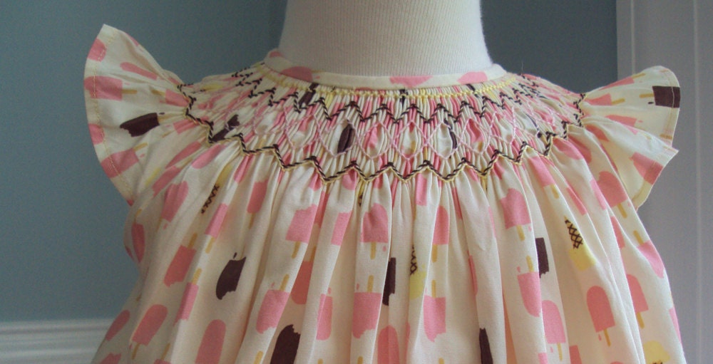 Hand Smocked Bishop Dress / Ice Cream Print  size 6 months , ready to ship