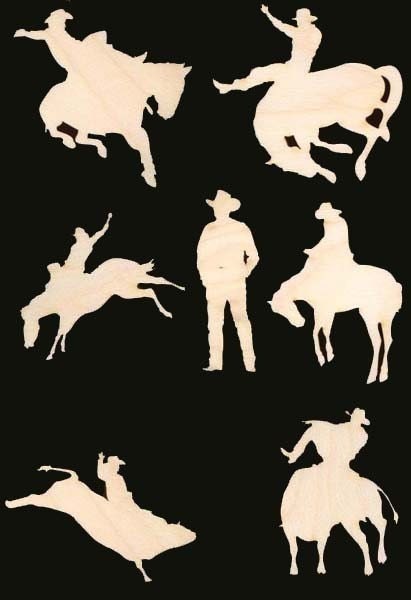 Rodeo Cowboy Bronco and  Bull Riders Figures 7 Pieces Natural Wood 963