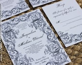 Digital Baroque Scroll Pocketfold Invitation Templates (Black and White)