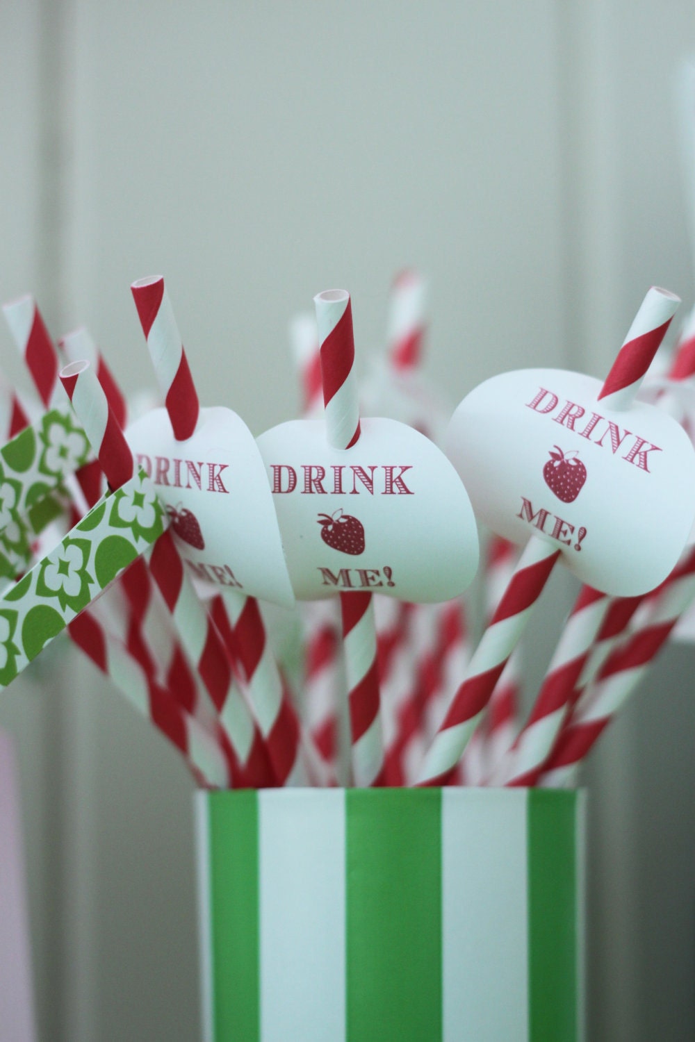Digital Strawberry "Drink Me" straw label template (with text and colors of choice)