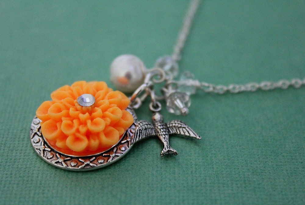 LAST CHANCE SALE-Tangerine Orange- mum flower necklace with crystal, pearl, and swallow bird charms
