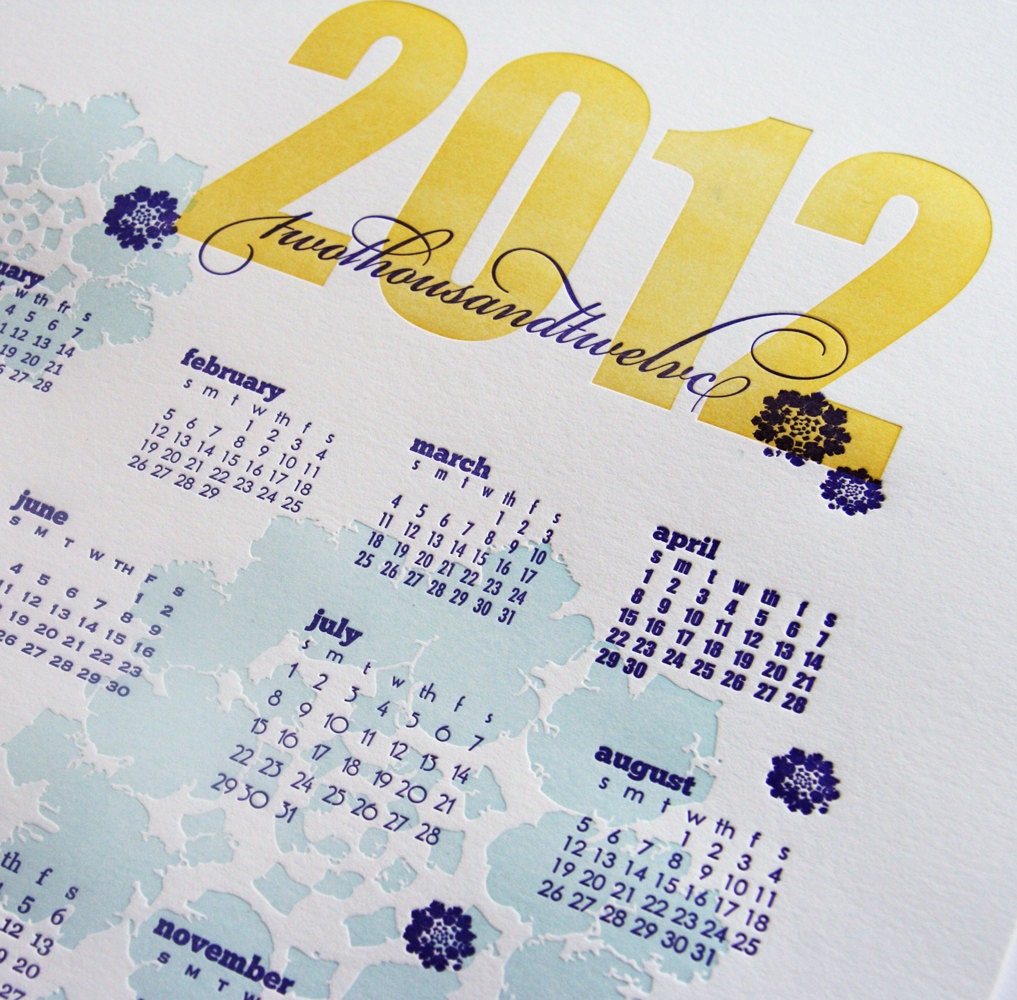 Boxing Week SALE - 2012 Calendar - large letterpress wall calendar -  11x14