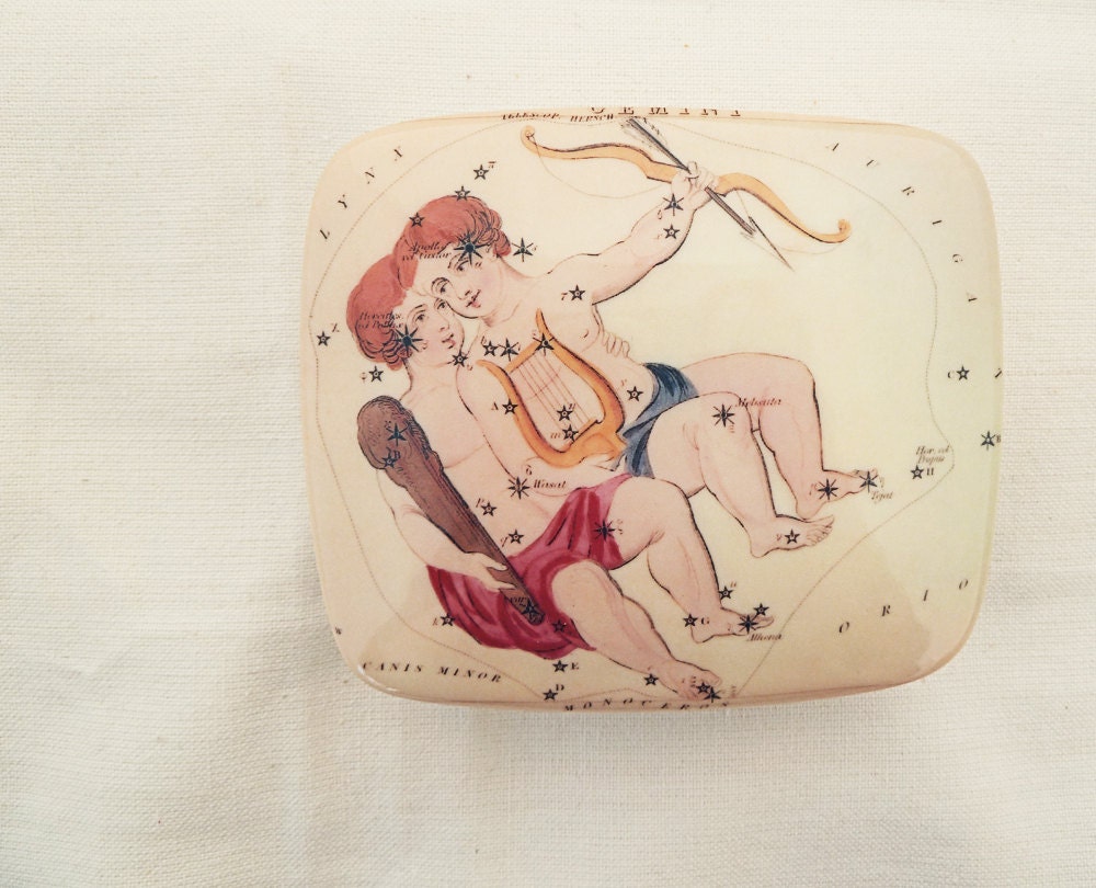 Personalized Porcelain Gemini Box with Antique Zodiac Art -  Personalized with Your Message - MilestoneDecalArt