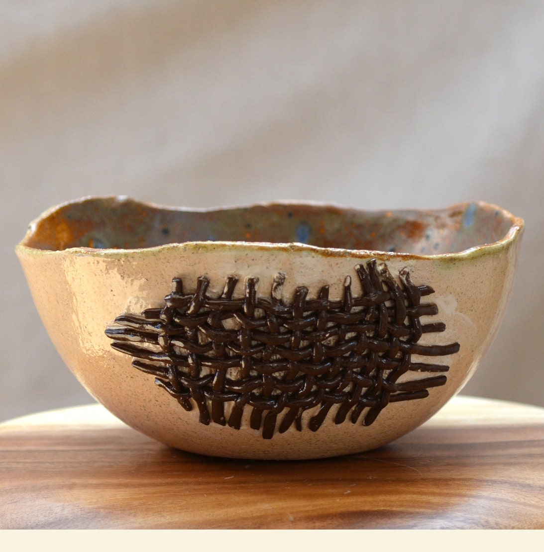 Ceramic BURLAP Bowl. Salad Bowl. Nature Inspired. Cream - Brown - Moss Colors. Earthy Country Chic  Ceramic Bowl.