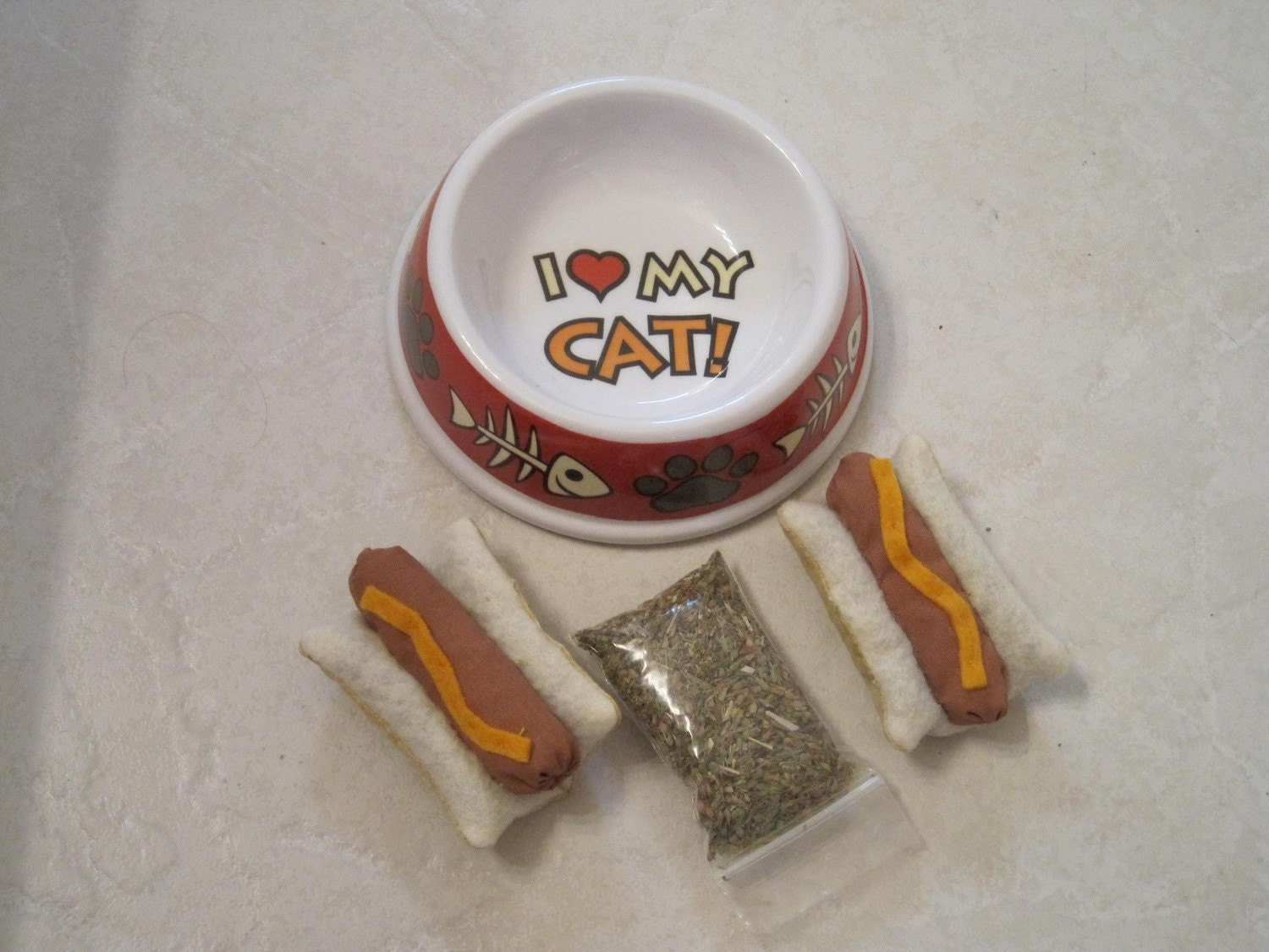 Dinner And Dessert - 2 Hotdog Cat Toys and a Bag of Organic Catnip - DDH