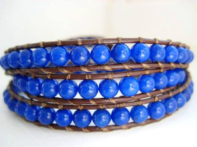 Going Sailing - Deep Blue Gemstone and Leather Triple Wrap Bracelet