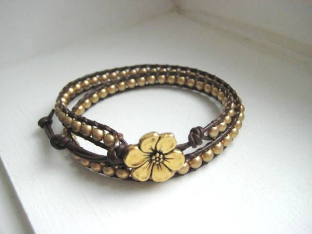 Giada De Laurentiis - Goddess Bracelet - Gold Czech Glass Beaded Leather Double Wrap Bracelet Chan Luu Style Gold Flower Button