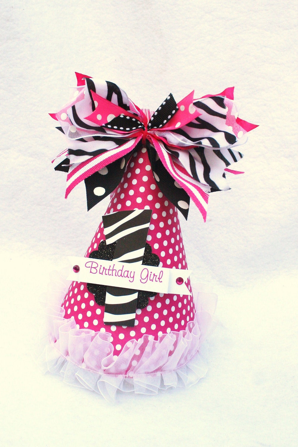 Zebra Stripe Black and White Party Hat with Hot Pink Polka Dots