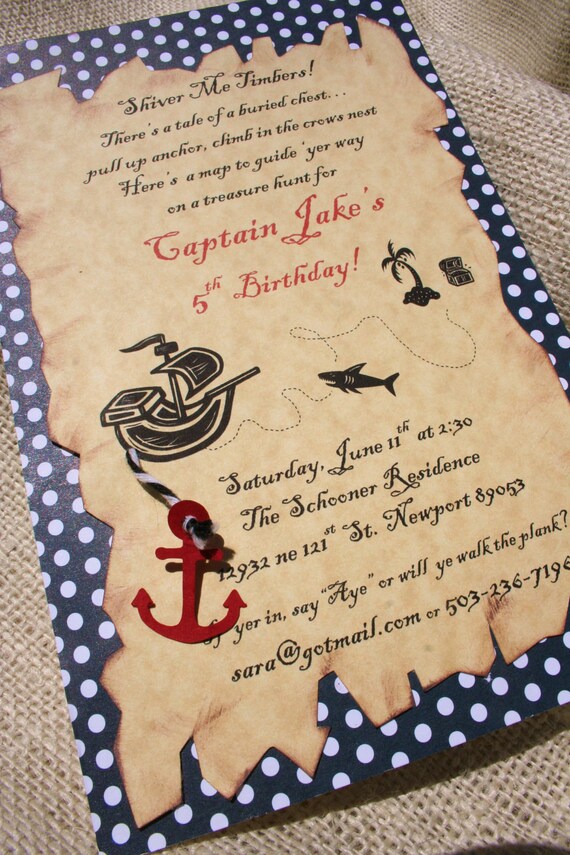swashbuckling pirate birthday party invitation in black and red with antiqued treasure map