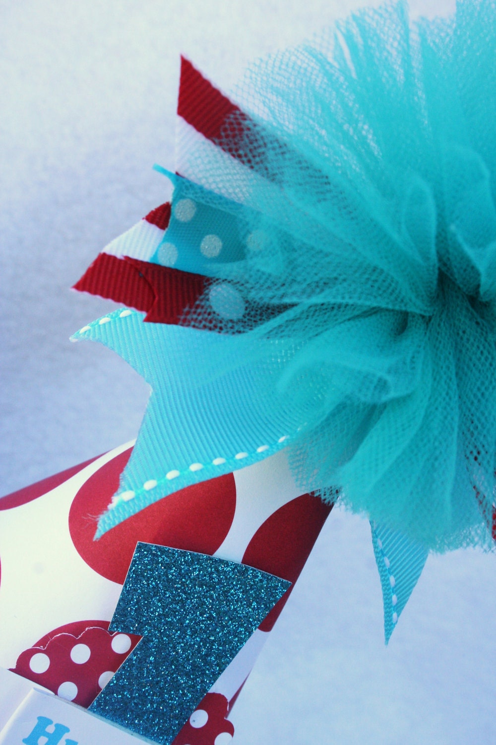 Dr Seuss Thing 1 Birthday Party Hat in Red, Turquoise and White Polka Dot