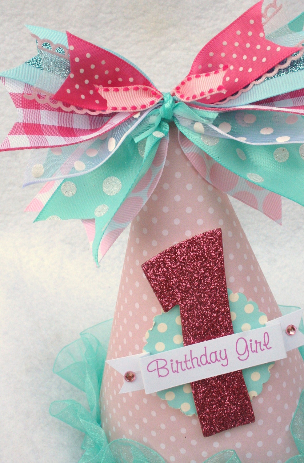 Sweet Pink and Aqua Party Hat with gingham, polka dot accents, shabby chic, vintage inspired