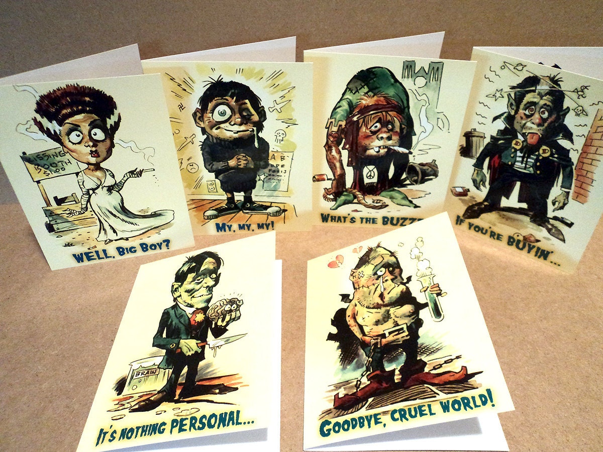 Mike Hoffman Halloween Horror Retro Wacky Bubblegum Invitations Greeting Cards SIX MONSTER CARDS