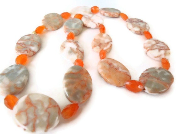 Carnelian beaded necklace gemstone and red line marble orange autumn fall handmade jewelry