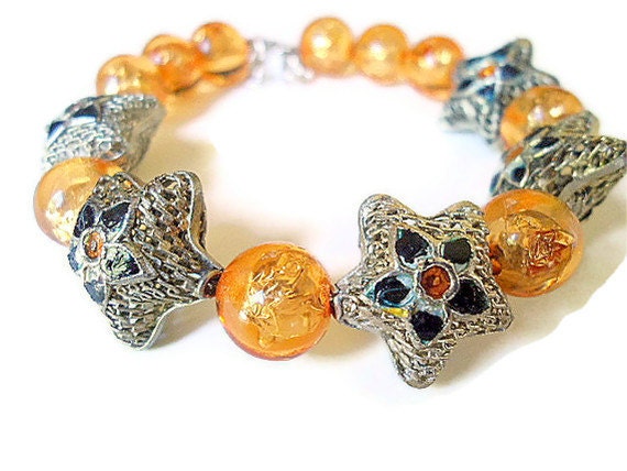 Filigree bracelet bangle cuff silver  stars with foil lined beads in orange autumn fall jewelry handmade