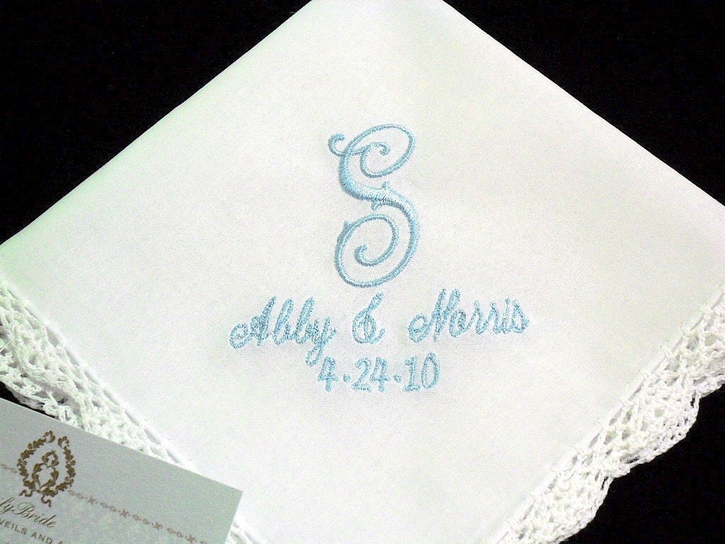 Brides Handkerchief embellished with personalized single initial names and wedding date