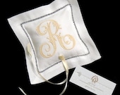 Small Irish Linen Ring Bearer Pillow with delicate hemstitch Personalized with Single Letter Monogram