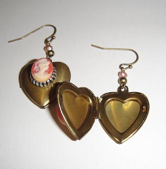 Heart Shaped Locket Victorian Cameo Earrings - add your own photo inside these cool earrings