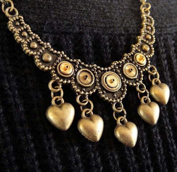 Micro-Mechanical Valentine  - hearts steampunk jewelry pendant - statement bib necklace in gold antiqued brass