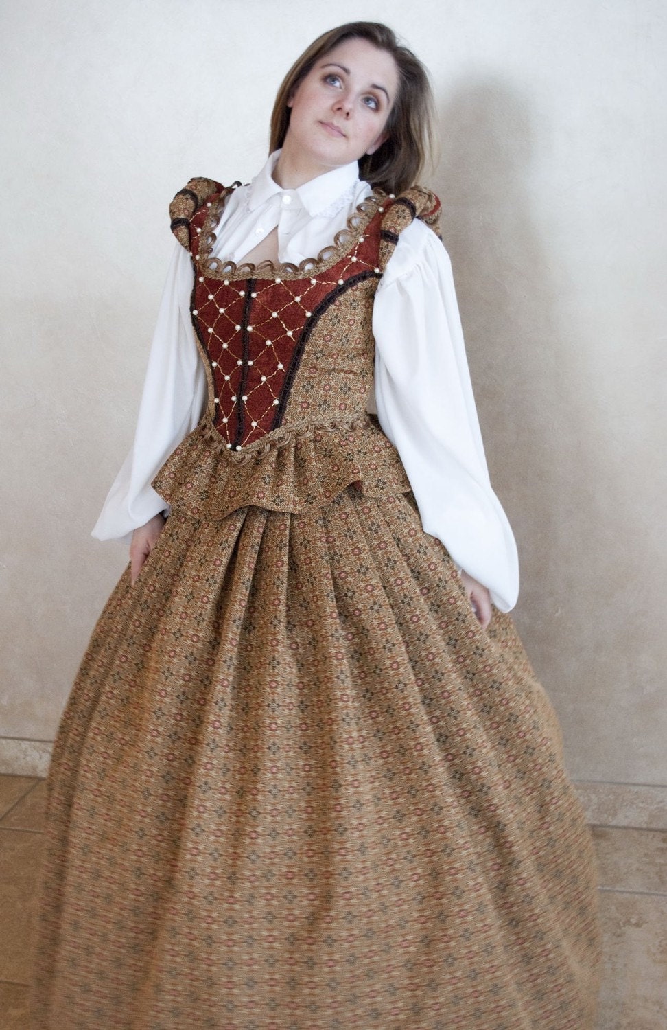 Tan Handbeaded Tudor Renaissance Elizabethan Court Gown Outfit with 5 pieces SALE