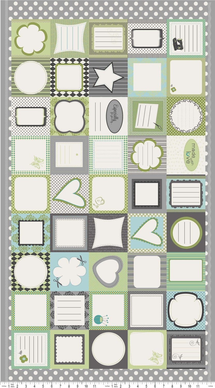 Riley Blake, Sew Labels, Green, Blue & Grey, 1 Panel