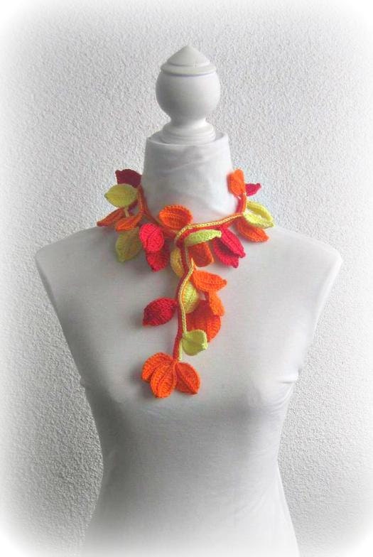 Crochet lariat scarf with Leaves in Red, Orange and Yellow, Necklace