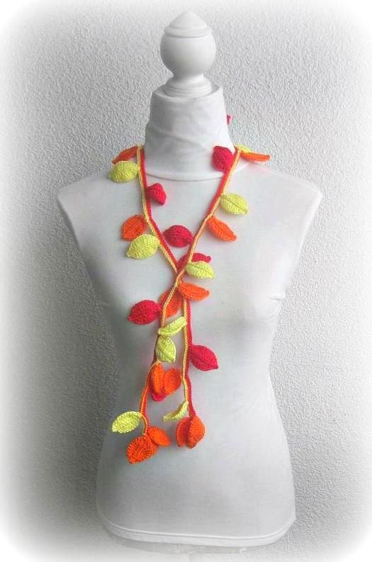 Crochet lariat scarf with Leaves in Red, Orange and Yellow, Necklace