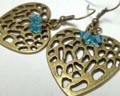 Antiqued brass heart earrings turquoise swaroski crystal