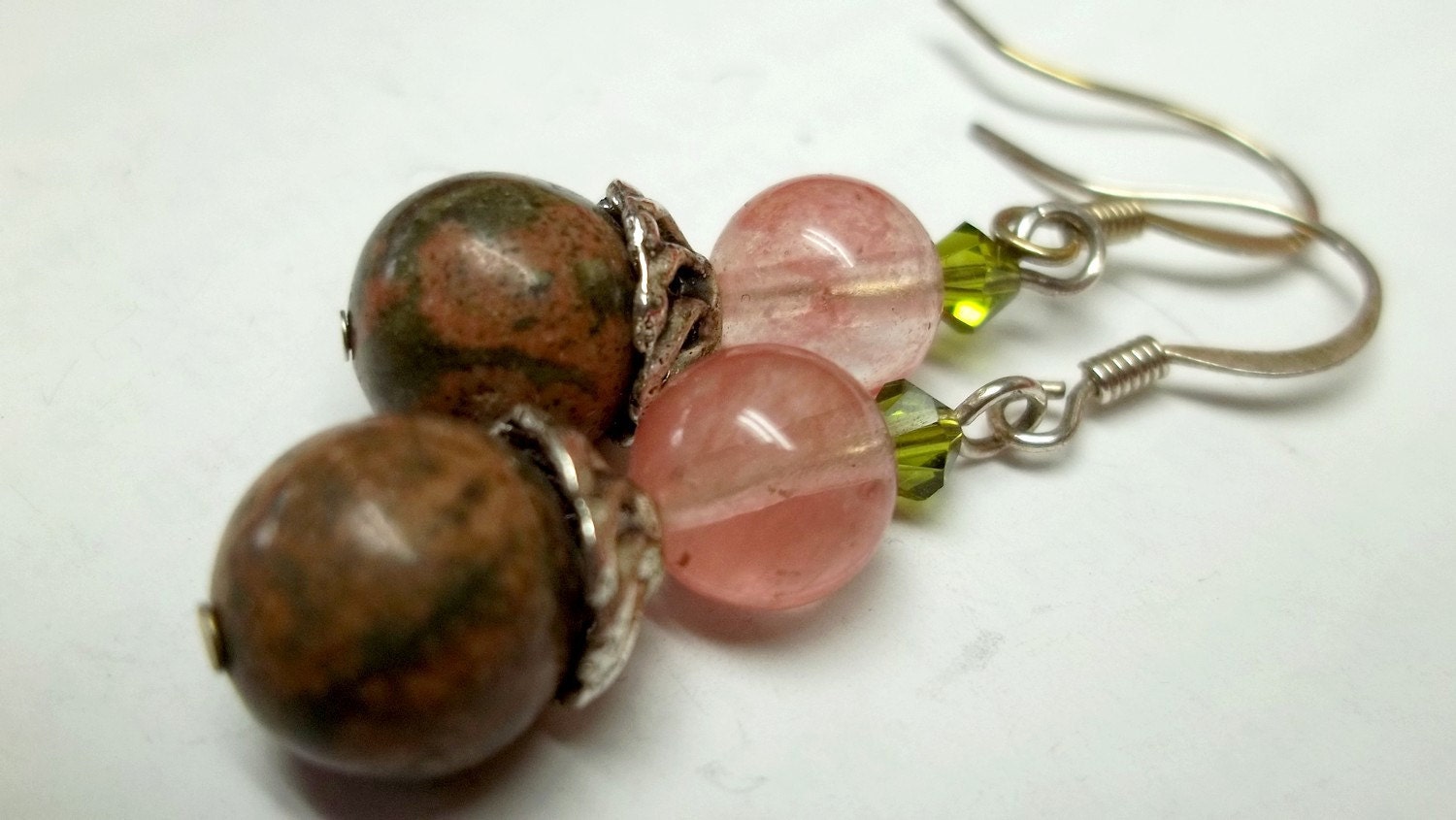 Pink and green jasper pink glass bead earrings