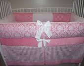 Custom Baby Girl Pink and White Damask Bedding Bumper Pad Crib Set