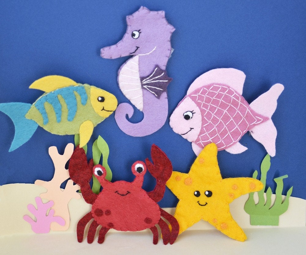 Five Friendly Sea Creatures - Wool Blend Felt Finger Puppets